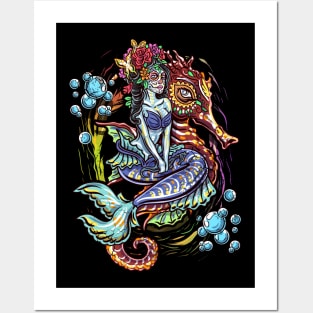 Day Of The Dead Mermaid Seahorse Graphic Art Design Gift Posters and Art